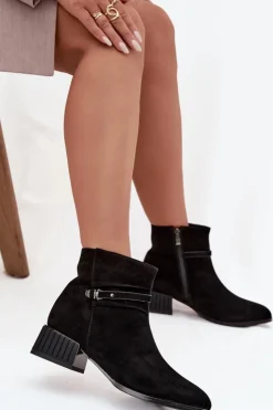 New D&A Botki Damskie Z Naturalnego Zamszu Na Klocku Ocieplane CR52-651 Czarne Czarny