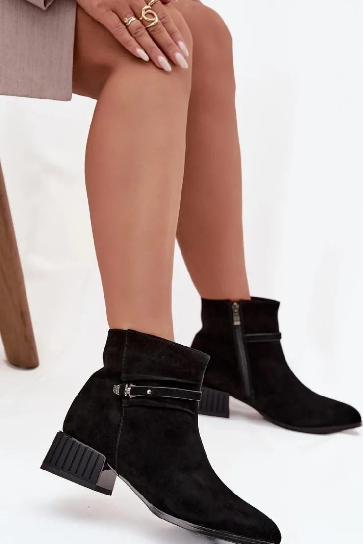 New D&A Botki Damskie Z Naturalnego Zamszu Na Klocku Ocieplane CR52-651 Czarne Czarny