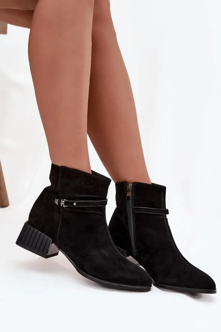 New D&A Botki Damskie Z Naturalnego Zamszu Na Klocku Ocieplane CR52-651 Czarne Czarny