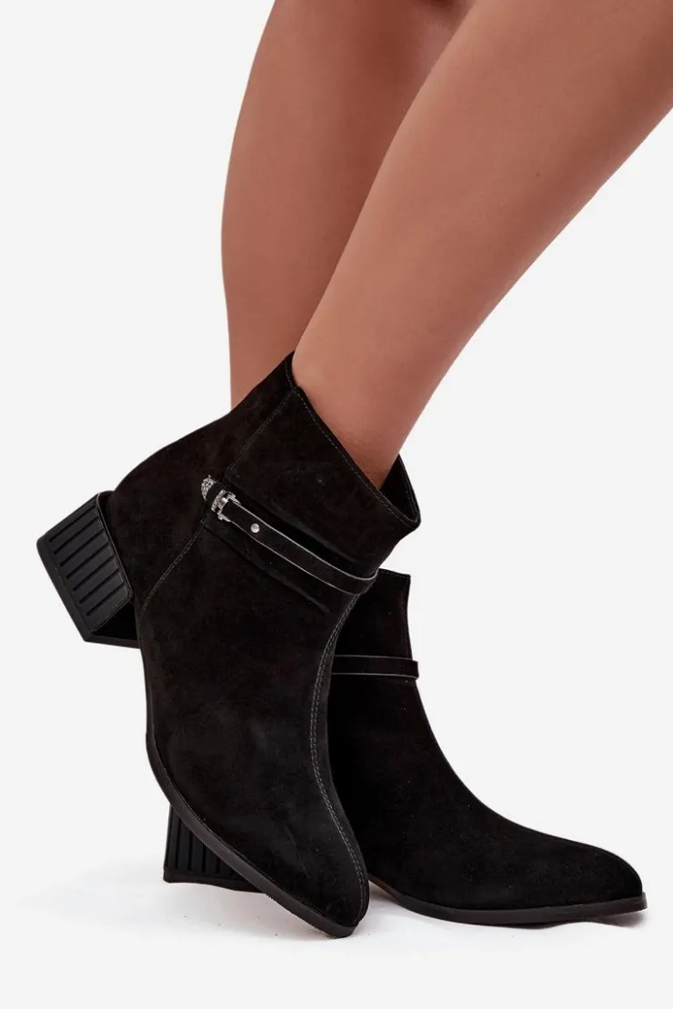 New D&A Botki Damskie Z Naturalnego Zamszu Na Klocku Ocieplane CR52-651 Czarne Czarny