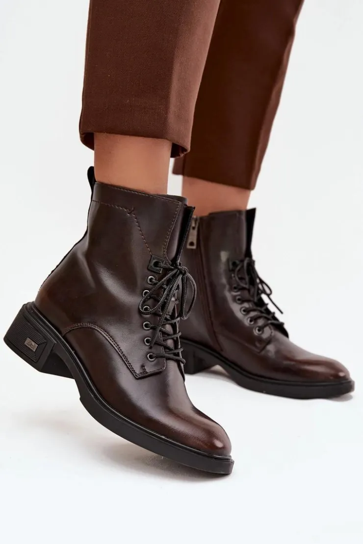 Buty damskie Vinceza Botki Ocieplane|Botki Sznurowane*Botki Damskie Z Naturalnej Skóry Na Niskim Obcasie Ocieplane Vinceza 39955 Czekoladowe