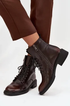 Buty damskie Vinceza Botki Ocieplane|Botki Sznurowane*Botki Damskie Z Naturalnej Skóry Na Niskim Obcasie Ocieplane Vinceza 39955 Czekoladowe