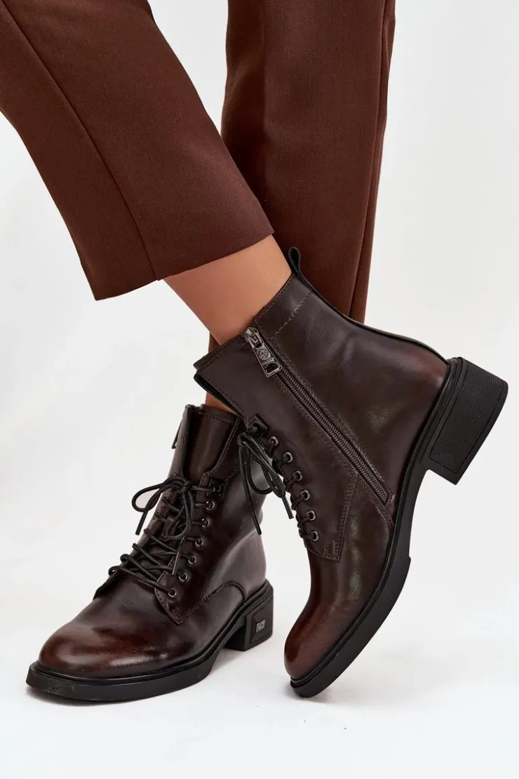 Buty damskie Vinceza Botki Ocieplane|Botki Sznurowane*Botki Damskie Z Naturalnej Skóry Na Niskim Obcasie Ocieplane Vinceza 39955 Czekoladowe