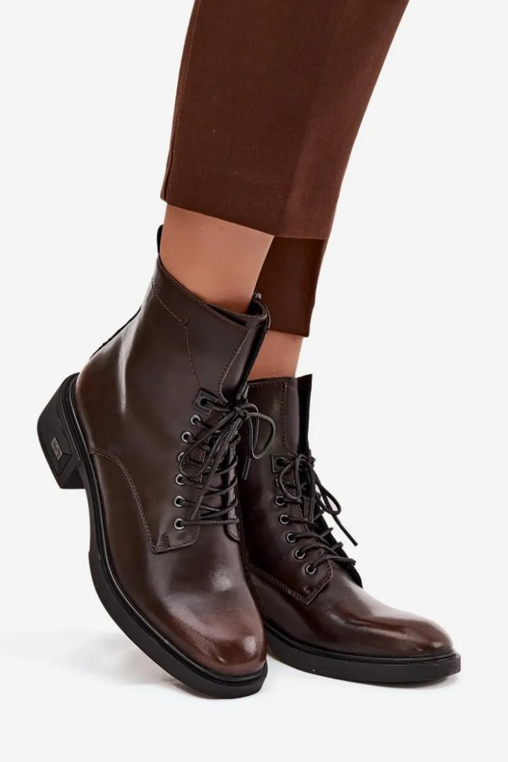 Buty damskie Vinceza Botki Ocieplane|Botki Sznurowane*Botki Damskie Z Naturalnej Skóry Na Niskim Obcasie Ocieplane Vinceza 39955 Czekoladowe