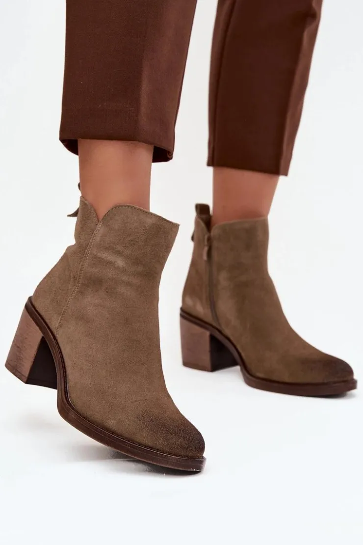 Online Buty Sergio Leone Botki Damskie Z Naturalnego Zamsz Na Słupku Ocieplane Sergio Leone BT25321-S Khaki