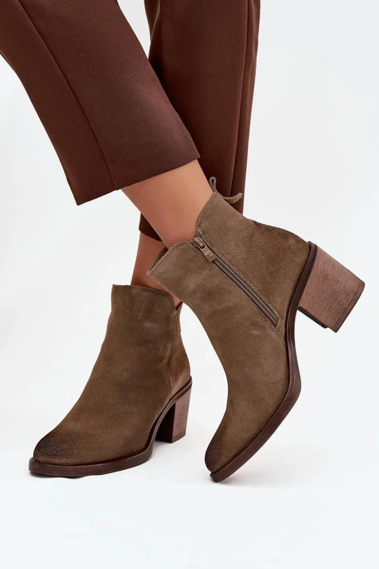 Online Buty Sergio Leone Botki Damskie Z Naturalnego Zamsz Na Słupku Ocieplane Sergio Leone BT25321-S Khaki