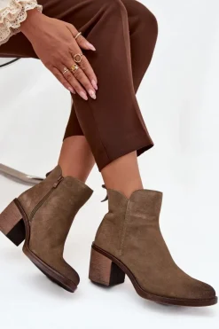 Online Buty Sergio Leone Botki Damskie Z Naturalnego Zamsz Na Słupku Ocieplane Sergio Leone BT25321-S Khaki