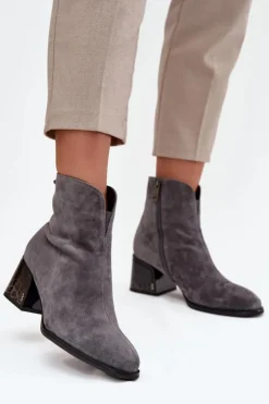 Buty damskie Vinceza Botki Ocieplane|Botki Skórzane*Botki Damskie Z Naturalnego Zamszu Na Obcasie Ocieplane Vinceza 66806 Szare Szary