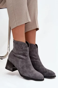 Buty damskie Vinceza Botki Ocieplane|Botki Skórzane*Botki Damskie Z Naturalnego Zamszu Na Obcasie Ocieplane Vinceza 66806 Szare Szary
