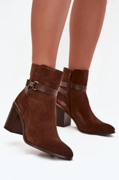 Damskie Buty Sergio Leone Botki Damskie Z Naturalnego Zamszu Na Słupku Ocieplane Sergio Leone BT25384-S Brązowe