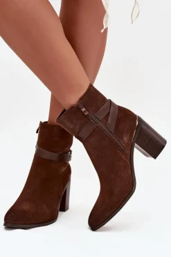 Damskie Buty Sergio Leone Botki Damskie Z Naturalnego Zamszu Na Słupku Ocieplane Sergio Leone BT25384-S Brązowe