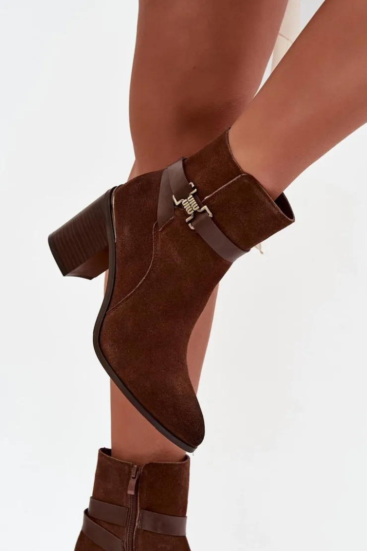 Damskie Buty Sergio Leone Botki Damskie Z Naturalnego Zamszu Na Słupku Ocieplane Sergio Leone BT25384-S Brązowe