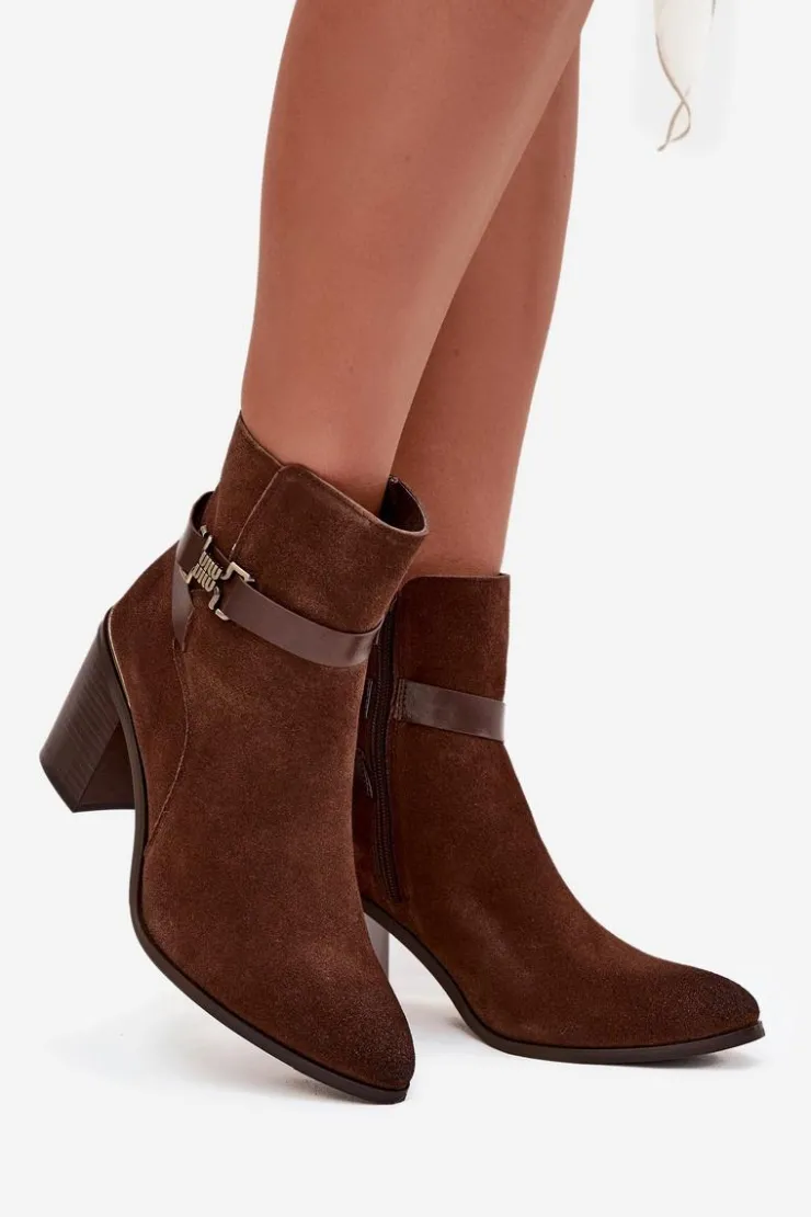 Damskie Buty Sergio Leone Botki Damskie Z Naturalnego Zamszu Na Słupku Ocieplane Sergio Leone BT25384-S Brązowe