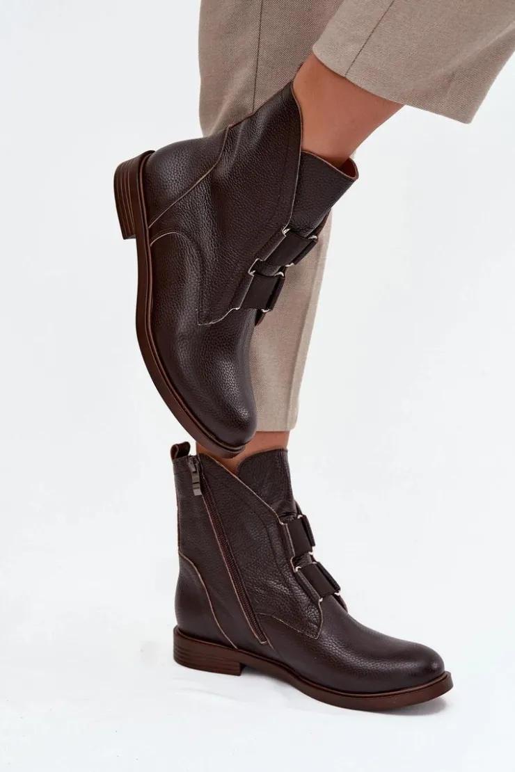 Damskie Zazoo Botki Damskie Z Naturalnej Skóry Na Płaskim Obcasie 3842 Czekoladowe