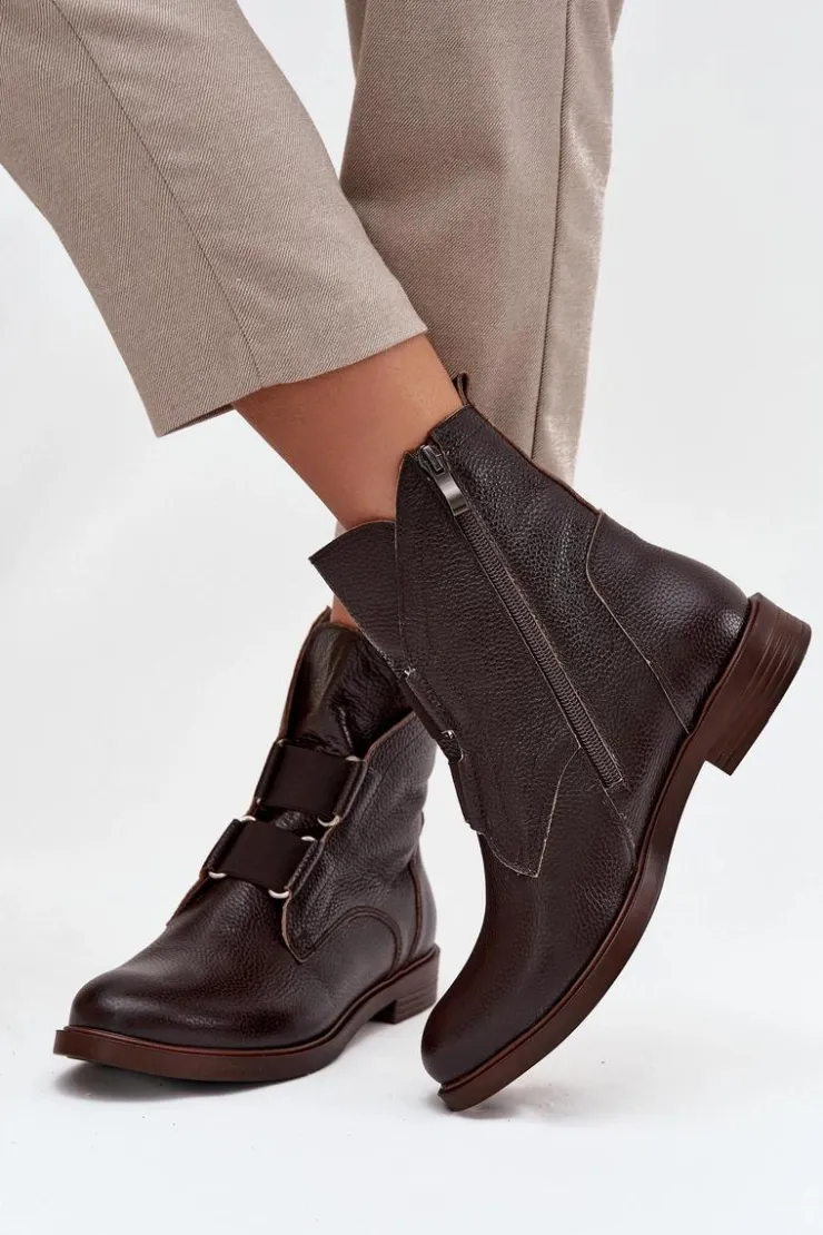 Damskie Zazoo Botki Damskie Z Naturalnej Skóry Na Płaskim Obcasie 3842 Czekoladowe