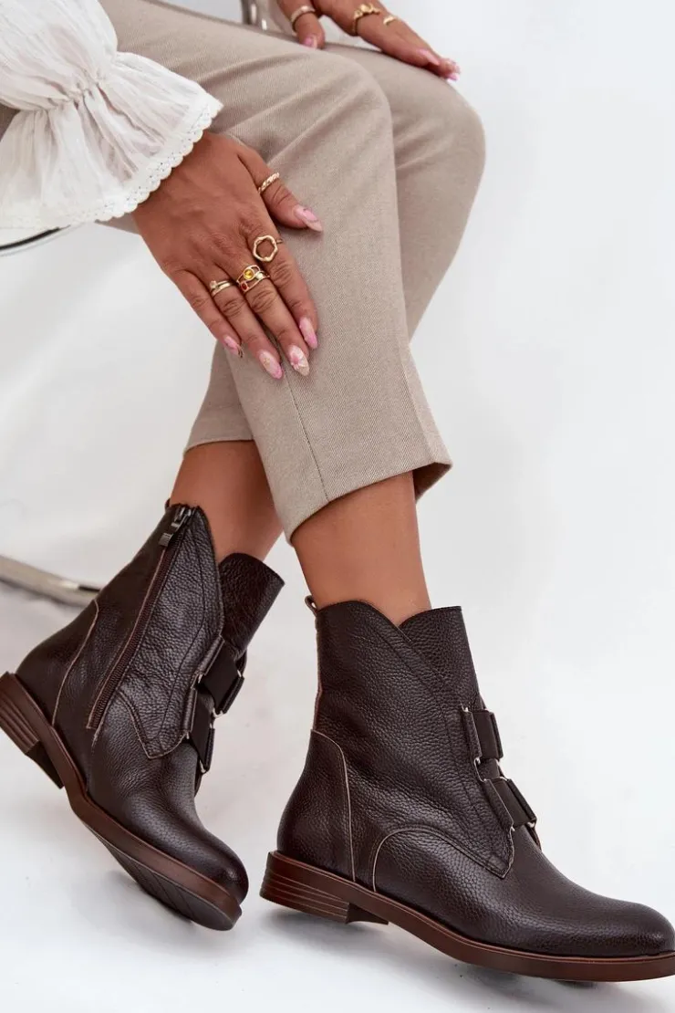 Damskie Zazoo Botki Damskie Z Naturalnej Skóry Na Płaskim Obcasie 3842 Czekoladowe