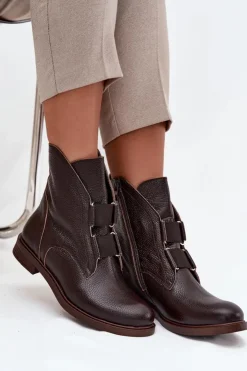Damskie Zazoo Botki Damskie Z Naturalnej Skóry Na Płaskim Obcasie 3842 Czekoladowe