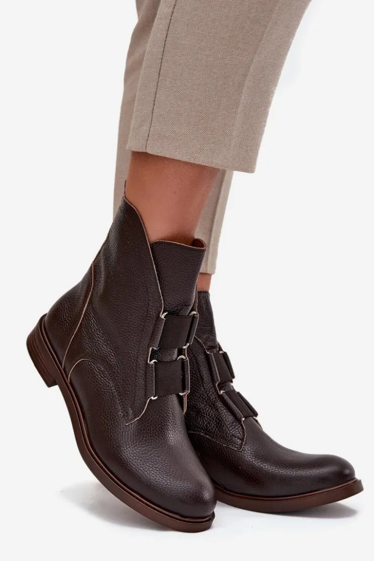 Damskie Zazoo Botki Damskie Z Naturalnej Skóry Na Płaskim Obcasie 3842 Czekoladowe