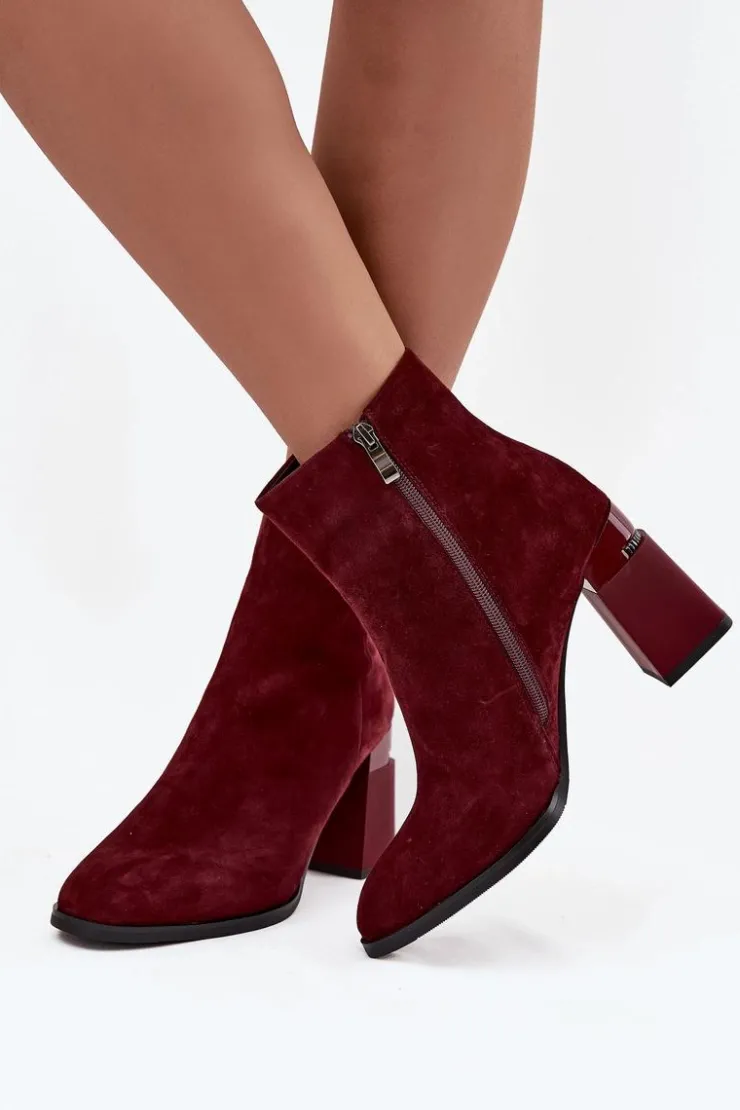 Sale D&A Botki Damskie Z Naturalnego Zamszu Na Słupku Ocieplane CR52-718 Bordowe Czerwony