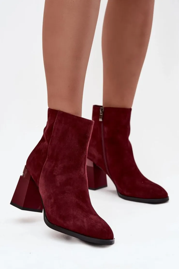 Sale D&A Botki Damskie Z Naturalnego Zamszu Na Słupku Ocieplane CR52-718 Bordowe Czerwony