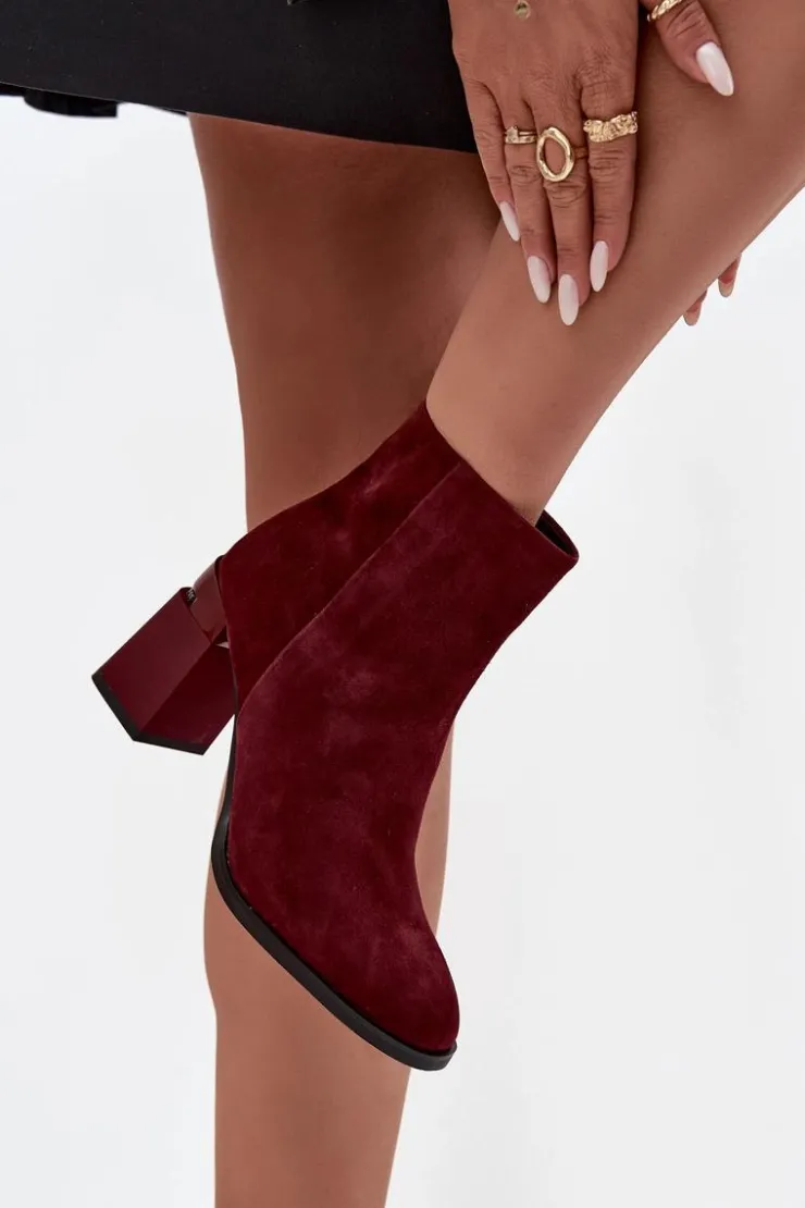 Sale D&A Botki Damskie Z Naturalnego Zamszu Na Słupku Ocieplane CR52-718 Bordowe Czerwony