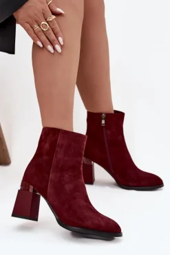 Sale D&A Botki Damskie Z Naturalnego Zamszu Na Słupku Ocieplane CR52-718 Bordowe Czerwony