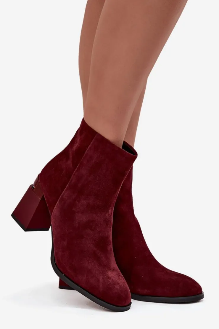 Sale D&A Botki Damskie Z Naturalnego Zamszu Na Słupku Ocieplane CR52-718 Bordowe Czerwony