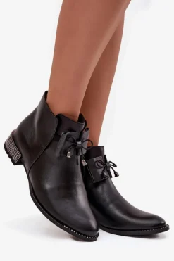Discount Zazoo Botki Damskie Z Naturalnej Skóry Na Niskim Obcasie 1396 Czarne