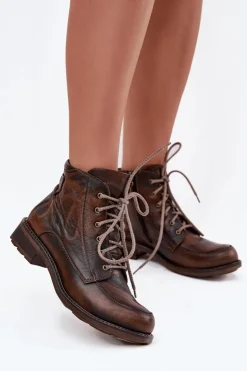 Online Maciejka Botki Damskie Z Naturalnej Skóry Na Płaskim Obcasie 07063-02 Brązowe