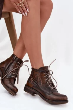 Online Maciejka Botki Damskie Z Naturalnej Skóry Na Płaskim Obcasie 07063-02 Brązowe