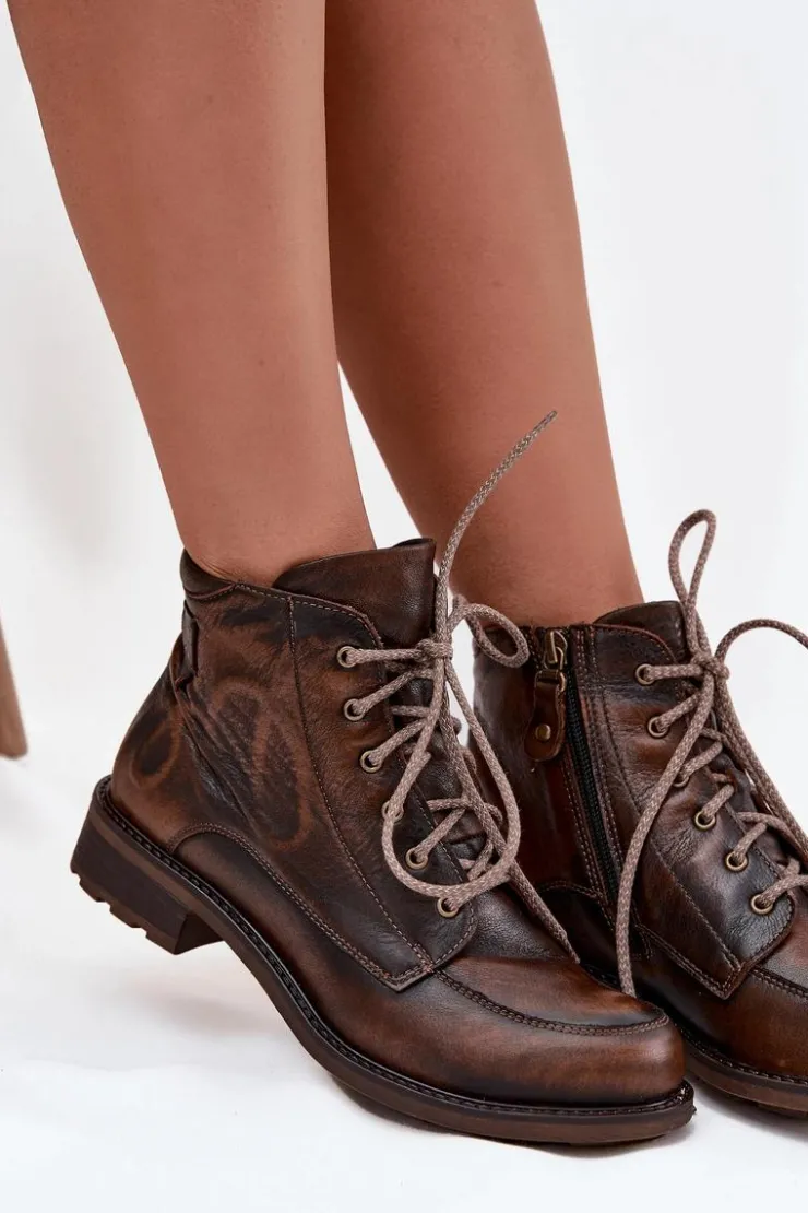 Online Maciejka Botki Damskie Z Naturalnej Skóry Na Płaskim Obcasie 07063-02 Brązowe