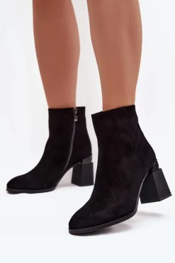 Damskie D&A Botki Damskie Z Naturalnego Zamszu Na Słupku Ocieplane CR52-718 Czarne