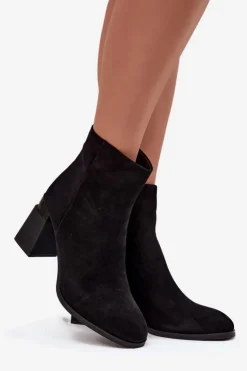 Damskie D&A Botki Damskie Z Naturalnego Zamszu Na Słupku Ocieplane CR52-718 Czarne