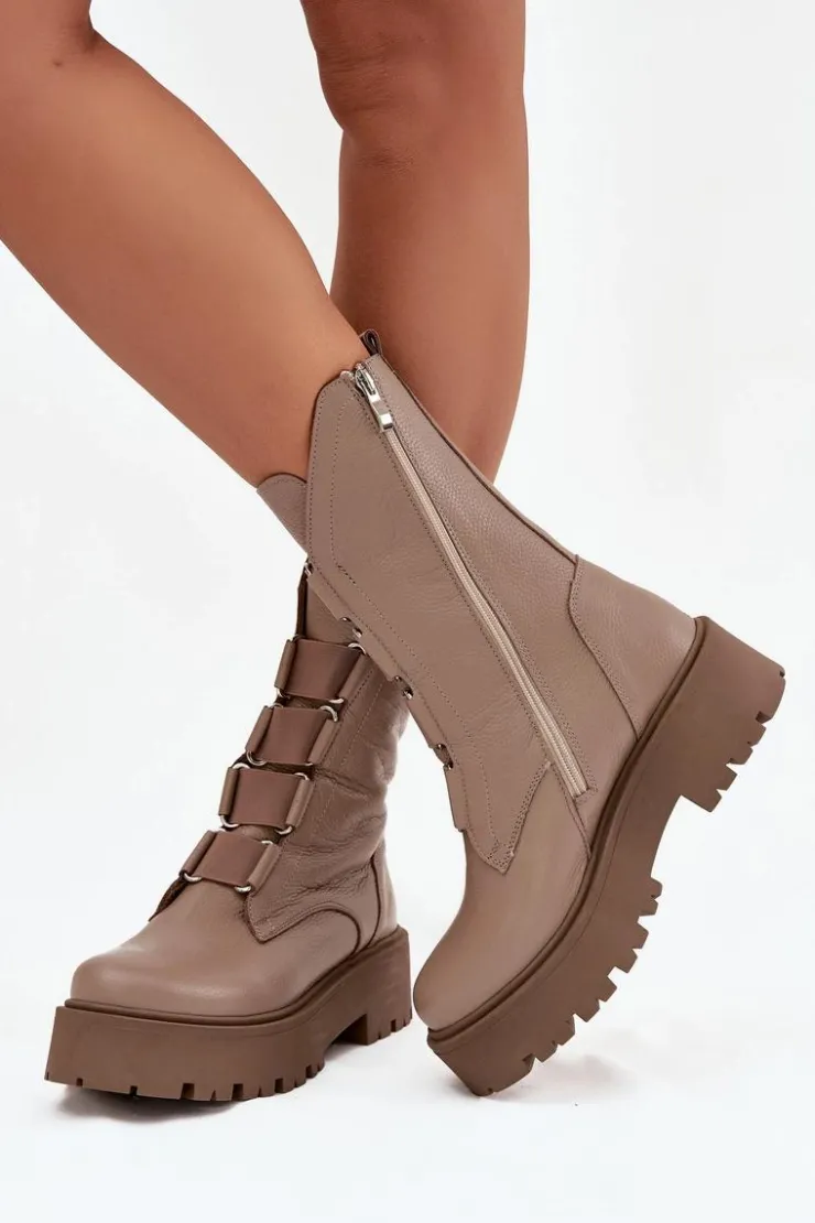 Damskie Zazoo Botki Damskie Z Naturalnej Skóry Na Platformie 3795 Beżowe