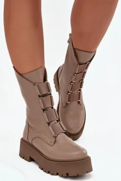 Damskie Zazoo Botki Damskie Z Naturalnej Skóry Na Platformie 3795 Beżowe