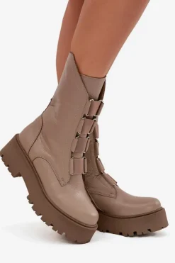 Damskie Zazoo Botki Damskie Z Naturalnej Skóry Na Platformie 3795 Beżowe