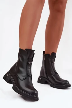 Damskie Boto Botki Damskie Z Naturalnej Skóry Na Niskim Obcasie Czarne Karisse