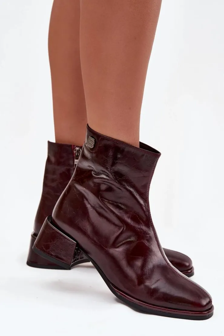 Damskie Damskie buty S.Barski Botki Damskie Z Naturalnej Skóry Na Klocku Ocieplane D&A CR52-715 Bordowe