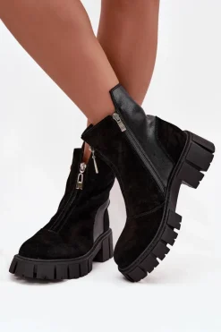 Outlet D&A Botki Damskie Z Naturalnego Zamszu Ocieplane JC52-874 Czarne