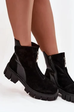 Outlet D&A Botki Damskie Z Naturalnego Zamszu Ocieplane JC52-874 Czarne