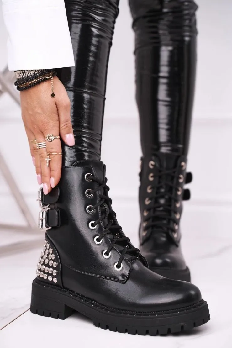 Boto Botki Sznurowane|Czarne Botki*Botki Damskie Z Nitami Czarne Feel Your Touch