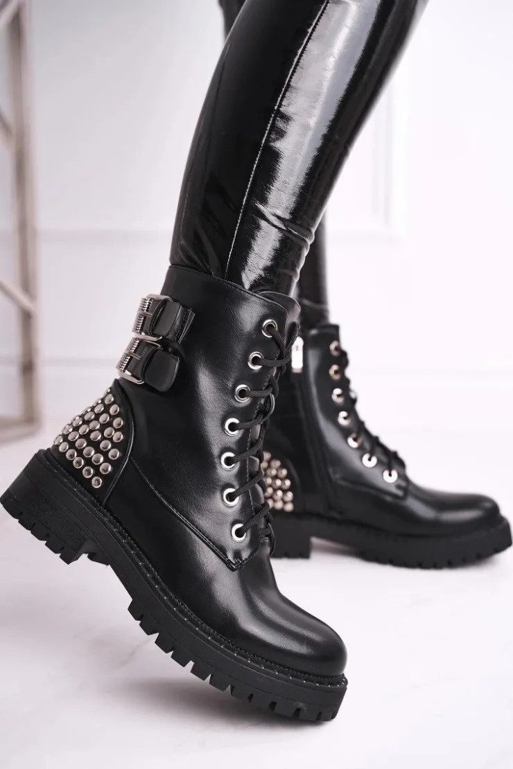 Boto Botki Sznurowane|Czarne Botki*Botki Damskie Z Nitami Czarne Feel Your Touch