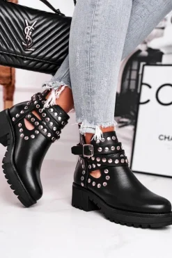 Boto Czarne Botki|Botki Na Obcasie*Botki Damskie Z Nitami Grunge Czarne Heavenly