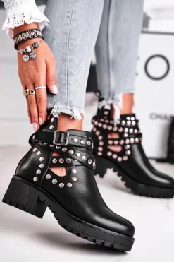 Boto Czarne Botki|Botki Na Obcasie*Botki Damskie Z Nitami Grunge Czarne Heavenly