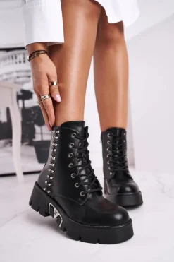 Hot Boto Botki Damskie Z Nitami Na Platformie Grunge Czarne Hard Rock