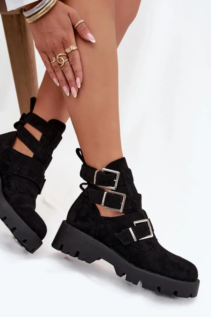 Boto Botki Ocieplane|Czarne Botki*Botki Damskie Z Paskami I Srebrnymi Klamrami Czarne Helisse Czarny