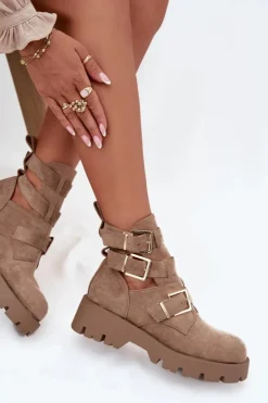 Damskie Boto Botki Damskie Z Paskami I Złotymi Klamrami Beżowe Helisse