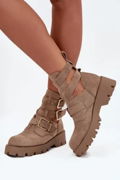 Damskie Boto Botki Damskie Z Paskami I Złotymi Klamrami Beżowe Helisse