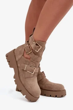 Damskie Boto Botki Damskie Z Paskami I Złotymi Klamrami Beżowe Helisse