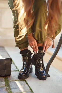 Boto Botki Zimowe Damskie|Botki Workery*Botki Damskie z paskiem Lakierowane Czarne Joyce